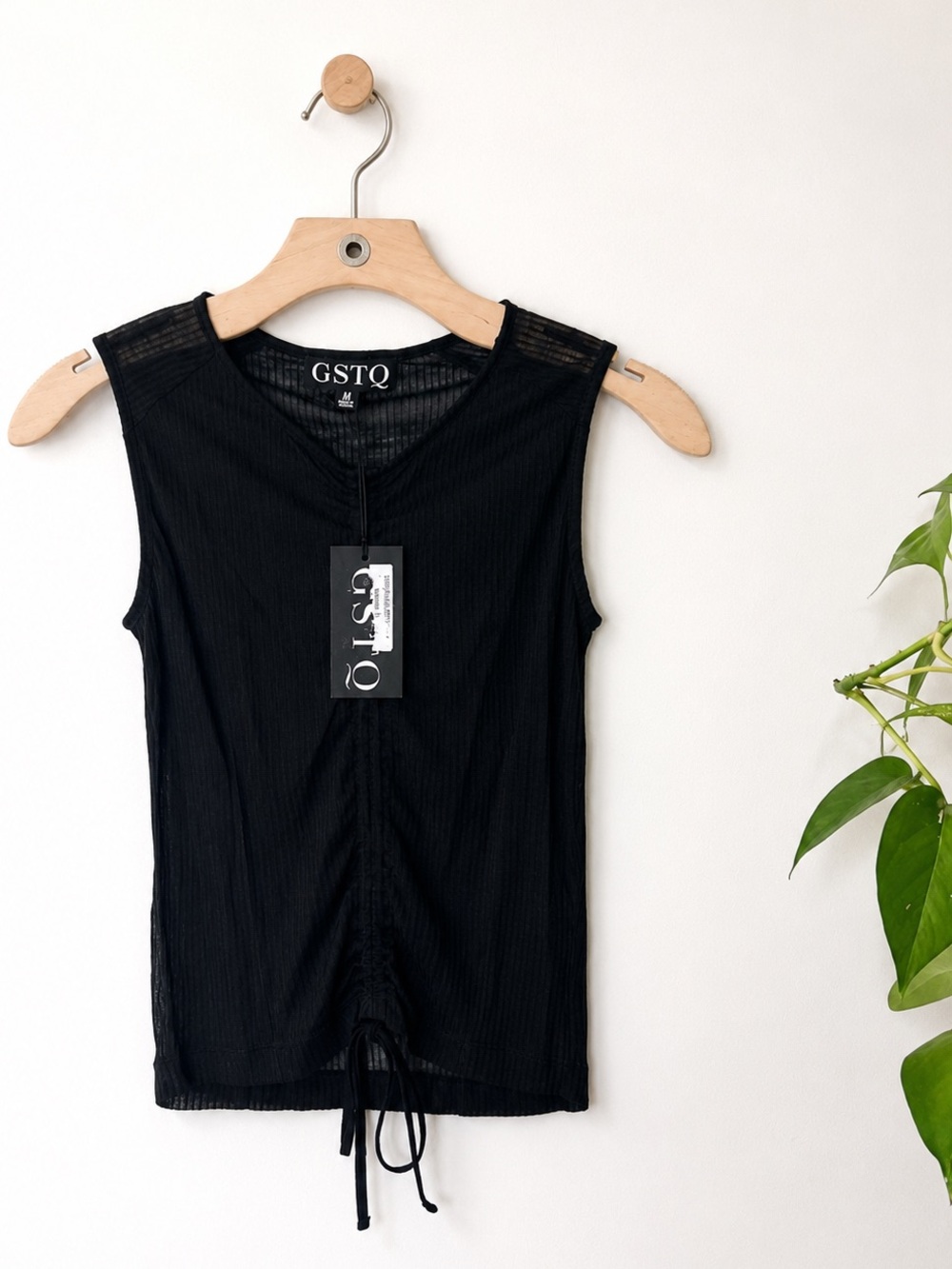 GSTQ Black Ribbed Sheer Drawstring Front Tank Top NWT Women Medium